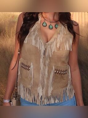 Madison Creek Suede Fringe Vest in Tan and Cream